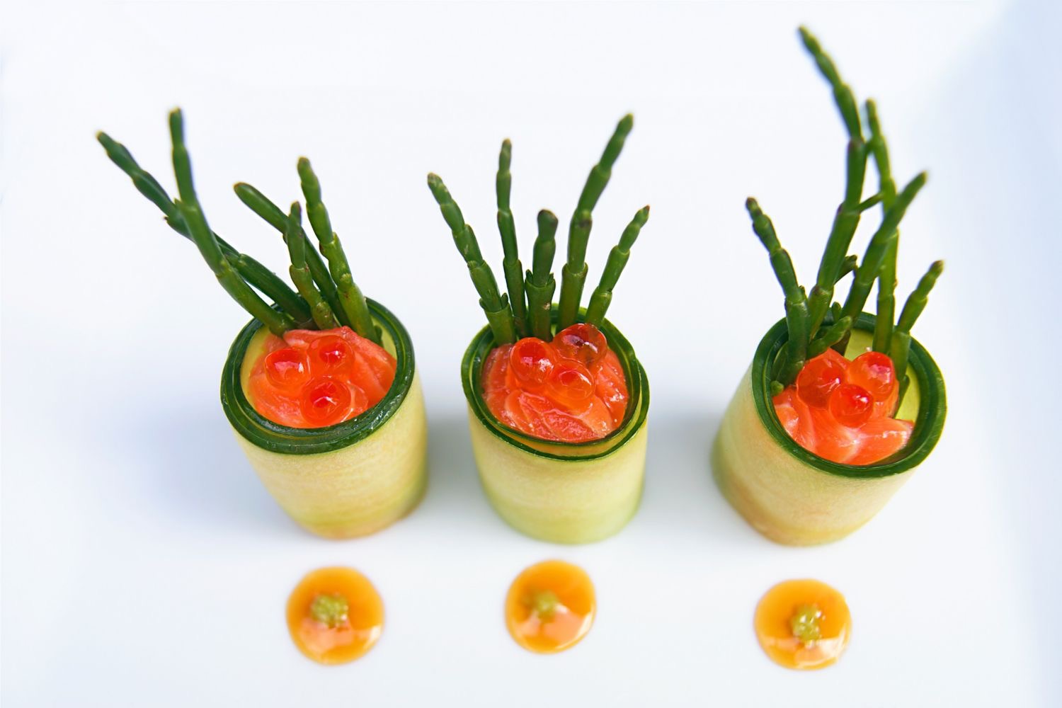 Saumon, concombre, salicorne façon spring-roll